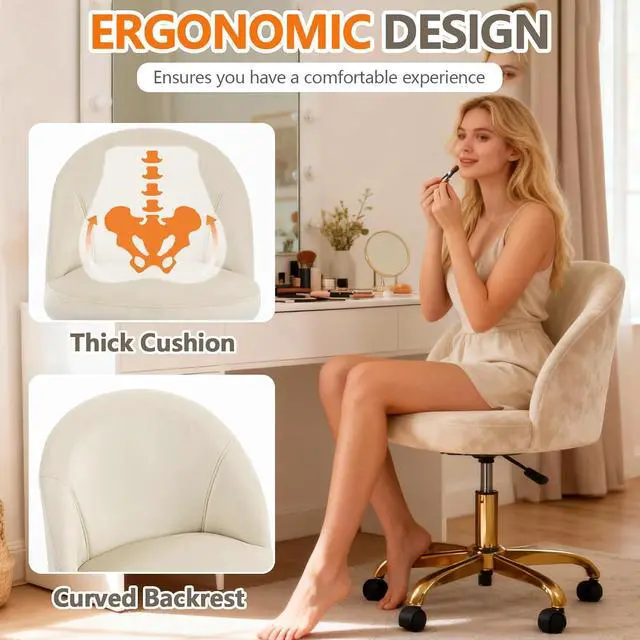 Alt view image 3 of 7 - Pink Vanity Desk Chair Comfy with Back and Wheels,Velvet Rolling Office Chair for Vanity Makeup Room,Height Adjustable,360 Swivel (White)