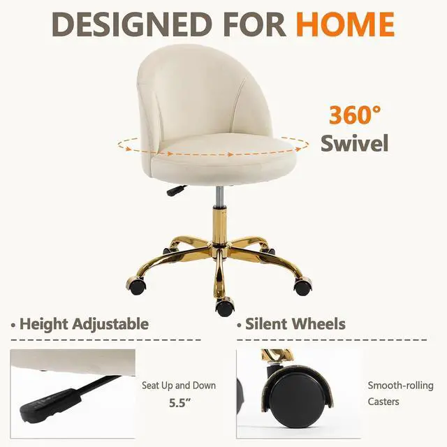 Alt view image 4 of 7 - Pink Vanity Desk Chair Comfy with Back and Wheels,Velvet Rolling Office Chair for Vanity Makeup Room,Height Adjustable,360 Swivel (White)
