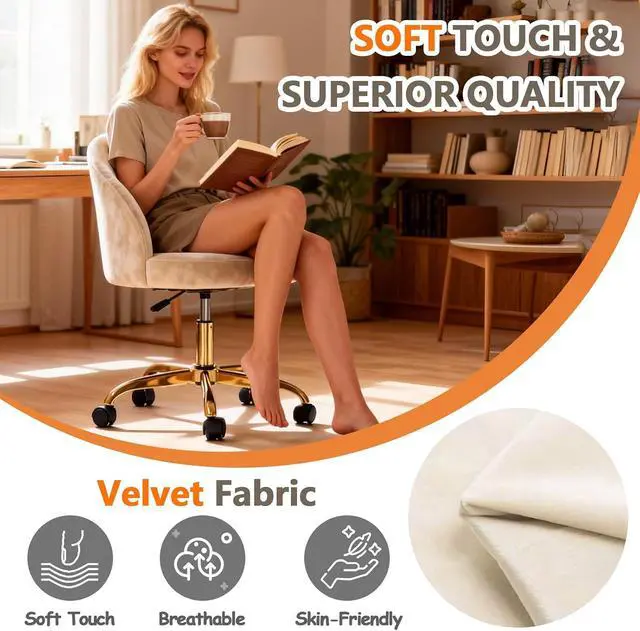 Alt view image 5 of 7 - Pink Vanity Desk Chair Comfy with Back and Wheels,Velvet Rolling Office Chair for Vanity Makeup Room,Height Adjustable,360 Swivel (White)