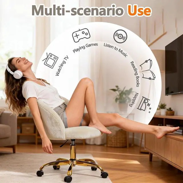 Alt view image 6 of 7 - Pink Vanity Desk Chair Comfy with Back and Wheels,Velvet Rolling Office Chair for Vanity Makeup Room,Height Adjustable,360 Swivel (White)