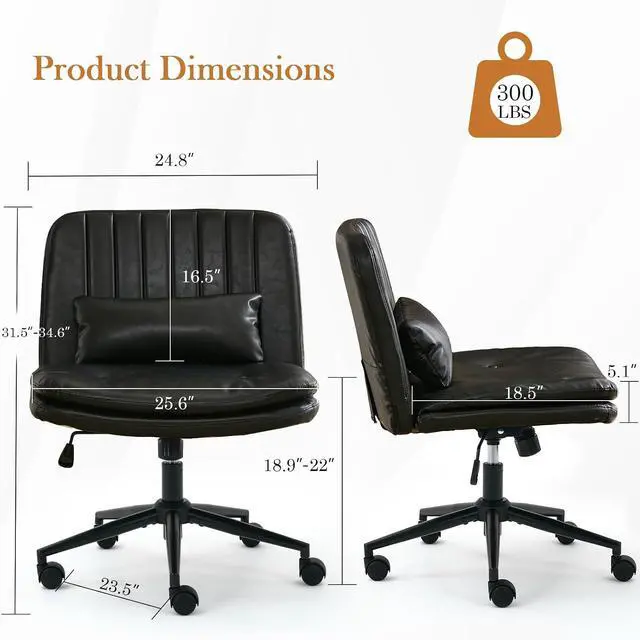 Alt view image 2 of 7 - Criss Cross Chair with Wheels, Armless Comfy Thickened Cushion Wide Seat Cross Legged Office Chair with Pillow, Adjustable Swivel Mid Back Computer Task Vanity Home Office Desk Chair (PU, Black)