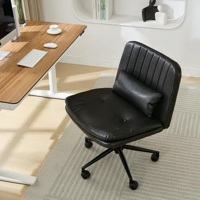Alt view image 3 of 7 - Criss Cross Chair with Wheels, Armless Comfy Thickened Cushion Wide Seat Cross Legged Office Chair with Pillow, Adjustable Swivel Mid Back Computer Task Vanity Home Office Desk Chair (PU, Black)