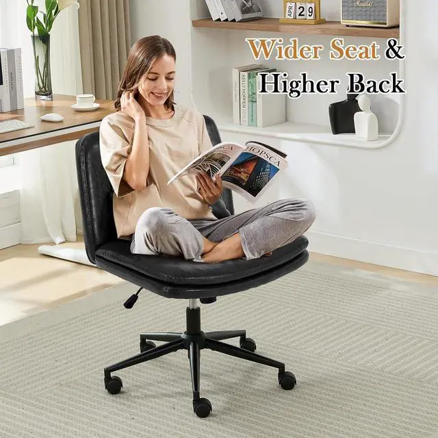 Alt view image 4 of 7 - Criss Cross Chair with Wheels, Armless Comfy Thickened Cushion Wide Seat Cross Legged Office Chair with Pillow, Adjustable Swivel Mid Back Computer Task Vanity Home Office Desk Chair (PU, Black)