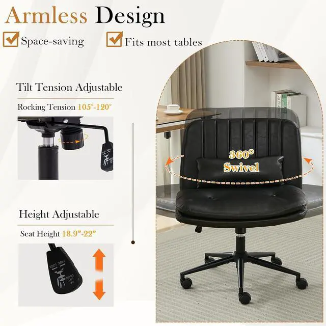 Alt view image 6 of 7 - Criss Cross Chair with Wheels, Armless Comfy Thickened Cushion Wide Seat Cross Legged Office Chair with Pillow, Adjustable Swivel Mid Back Computer Task Vanity Home Office Desk Chair (PU, Black)
