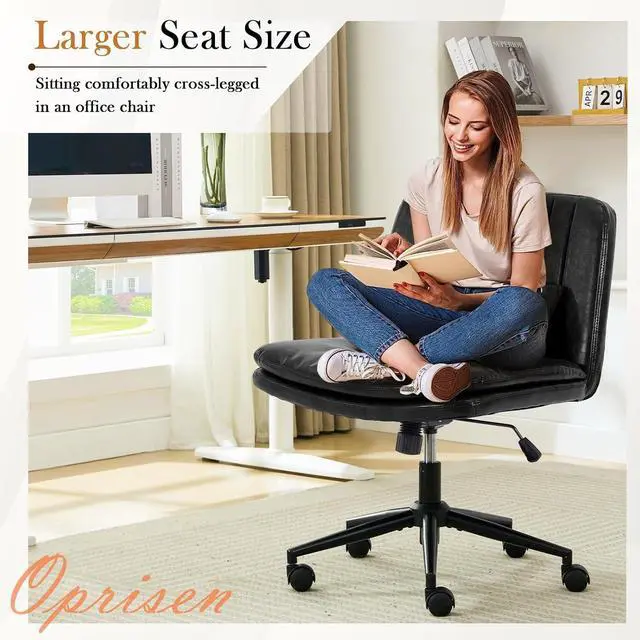 Alt view image 7 of 7 - Criss Cross Chair with Wheels, Armless Comfy Thickened Cushion Wide Seat Cross Legged Office Chair with Pillow, Adjustable Swivel Mid Back Computer Task Vanity Home Office Desk Chair (PU, Black)