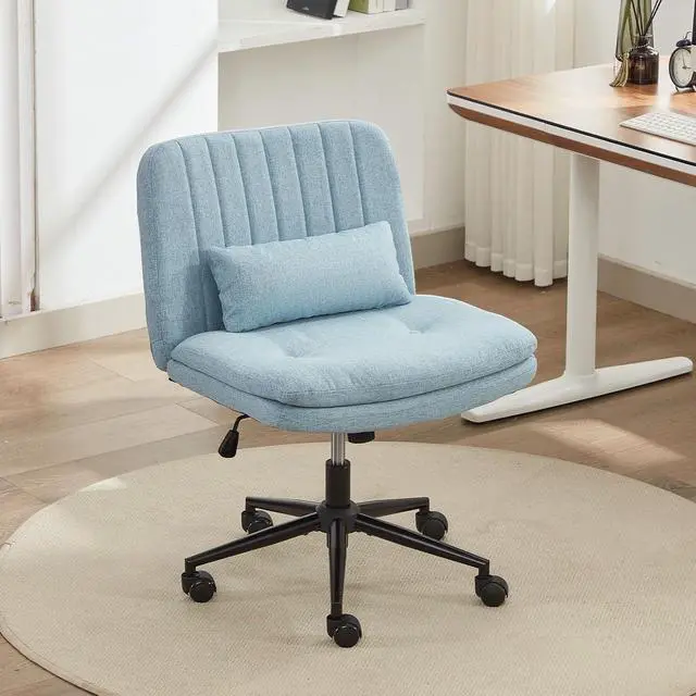 Alt view image 3 of 7 - Criss Cross Chair with Wheels, Armless Comfy Thickened Cushion Wide Seat Cross Legged Office Chair with Pillow, Adjustable Swivel Mid Back Computer Task Vanity Home Office Desk Chair (Blue)