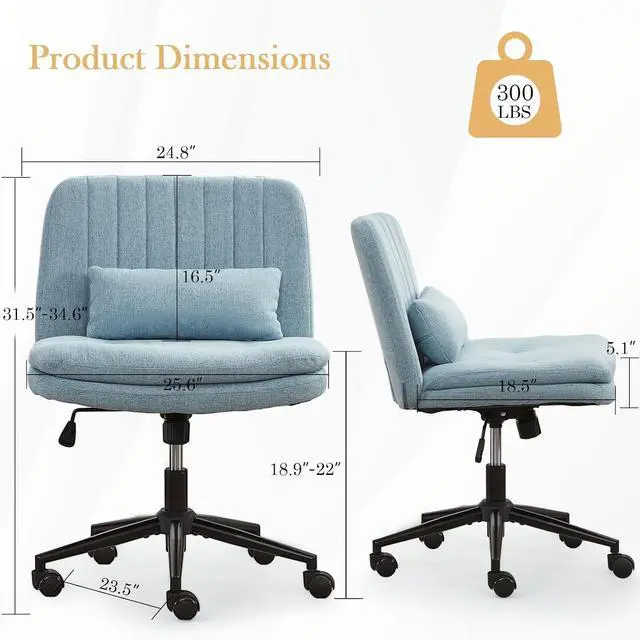 Alt view image 2 of 7 - Criss Cross Chair with Wheels, Armless Comfy Thickened Cushion Wide Seat Cross Legged Office Chair with Pillow, Adjustable Swivel Mid Back Computer Task Vanity Home Office Desk Chair (Blue)