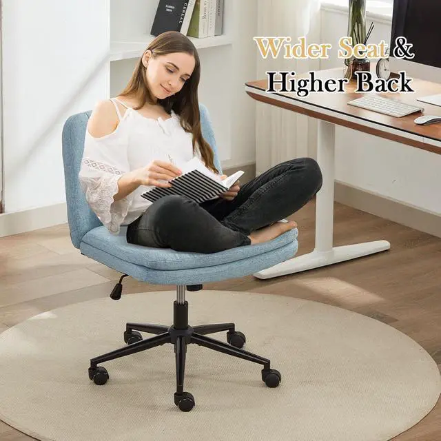 Alt view image 4 of 7 - Criss Cross Chair with Wheels, Armless Comfy Thickened Cushion Wide Seat Cross Legged Office Chair with Pillow, Adjustable Swivel Mid Back Computer Task Vanity Home Office Desk Chair (Blue)