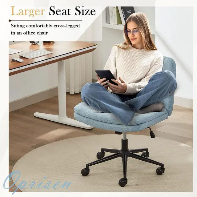 Alt view image 7 of 7 - Criss Cross Chair with Wheels, Armless Comfy Thickened Cushion Wide Seat Cross Legged Office Chair with Pillow, Adjustable Swivel Mid Back Computer Task Vanity Home Office Desk Chair (Blue)
