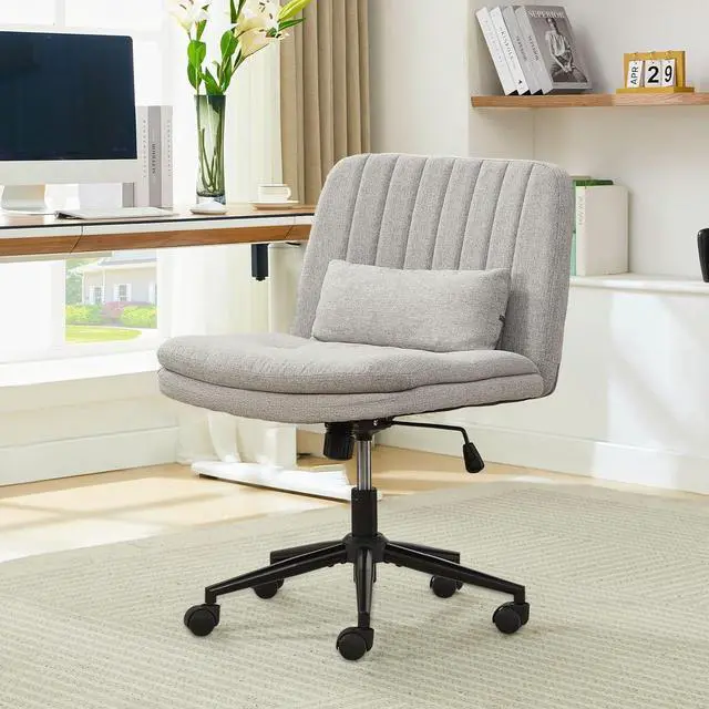 Main image of Criss Cross Chair with Wheels, Armless Comfy Thickened Cushion Wide Seat Cross Legged Office Chair with Pillow, Adjustable Swivel Mid Back Computer Task Vanity Home Office Desk Chair