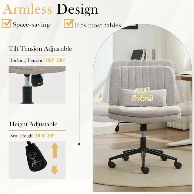Alt view image 6 of 7 - Criss Cross Chair with Wheels, Armless Comfy Thickened Cushion Wide Seat Cross Legged Office Chair with Pillow, Adjustable Swivel Mid Back Computer Task Vanity Home Office Desk Chair