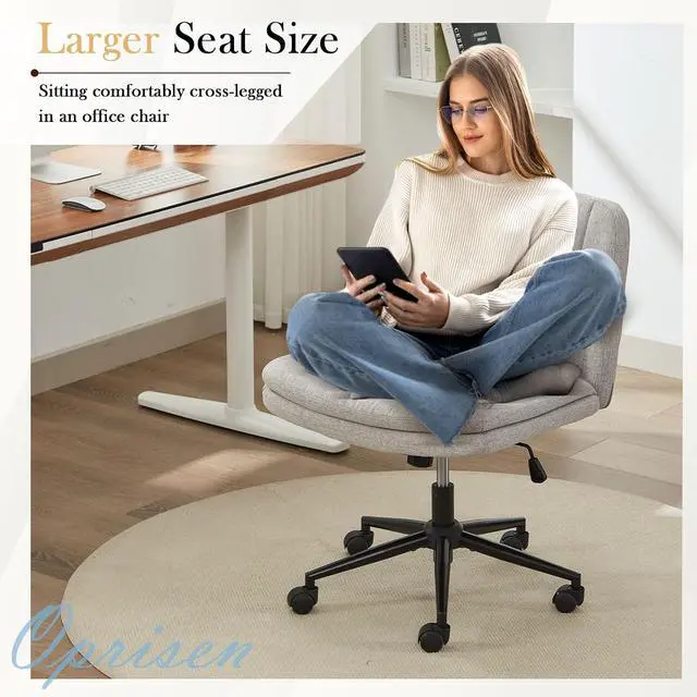 Alt view image 7 of 7 - Criss Cross Chair with Wheels, Armless Comfy Thickened Cushion Wide Seat Cross Legged Office Chair with Pillow, Adjustable Swivel Mid Back Computer Task Vanity Home Office Desk Chair
