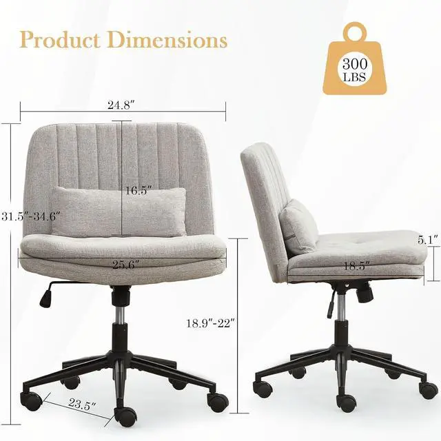 Alt view image 2 of 7 - Criss Cross Chair with Wheels, Armless Comfy Thickened Cushion Wide Seat Cross Legged Office Chair with Pillow, Adjustable Swivel Mid Back Computer Task Vanity Home Office Desk Chair