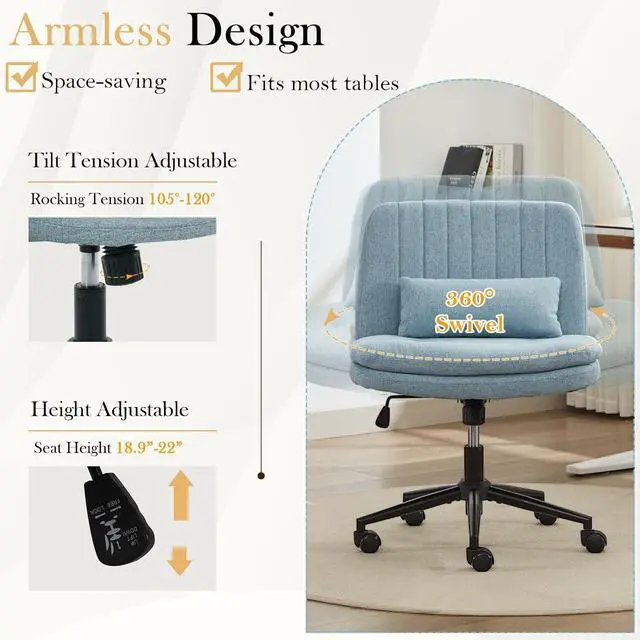 Alt view image 6 of 7 - Criss Cross Chair with Wheels, Armless Comfy Thickened Cushion Wide Seat Cross Legged Office Chair with Pillow, Adjustable Swivel Mid Back Computer Task Vanity Home Office Desk Chair (Blue)
