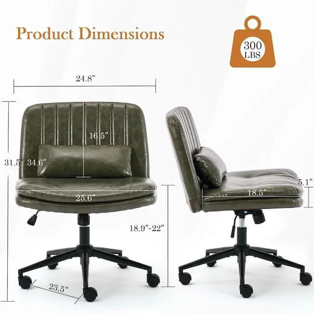 Alt view image 2 of 7 - Criss Cross Chair with Wheels, Armless Comfy Thickened Cushion Wide Seat Cross Legged Office Chair with Pillow, Adjustable Swivel Mid Back Computer Task Vanity Home Office Desk Chair (PU, Green)