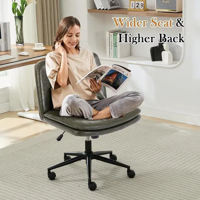 Alt view image 4 of 7 - Criss Cross Chair with Wheels, Armless Comfy Thickened Cushion Wide Seat Cross Legged Office Chair with Pillow, Adjustable Swivel Mid Back Computer Task Vanity Home Office Desk Chair (PU, Green)