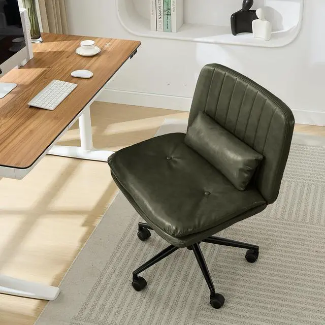 Alt view image 3 of 7 - Criss Cross Chair with Wheels, Armless Comfy Thickened Cushion Wide Seat Cross Legged Office Chair with Pillow, Adjustable Swivel Mid Back Computer Task Vanity Home Office Desk Chair (PU, Green)