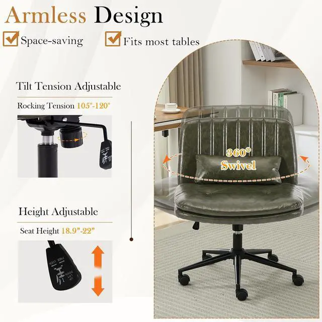Alt view image 6 of 7 - Criss Cross Chair with Wheels, Armless Comfy Thickened Cushion Wide Seat Cross Legged Office Chair with Pillow, Adjustable Swivel Mid Back Computer Task Vanity Home Office Desk Chair (PU, Green)
