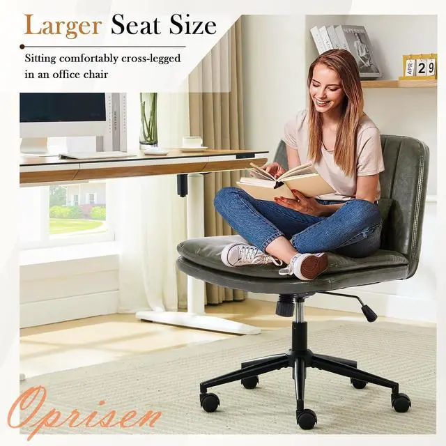 Alt view image 7 of 7 - Criss Cross Chair with Wheels, Armless Comfy Thickened Cushion Wide Seat Cross Legged Office Chair with Pillow, Adjustable Swivel Mid Back Computer Task Vanity Home Office Desk Chair (PU, Green)