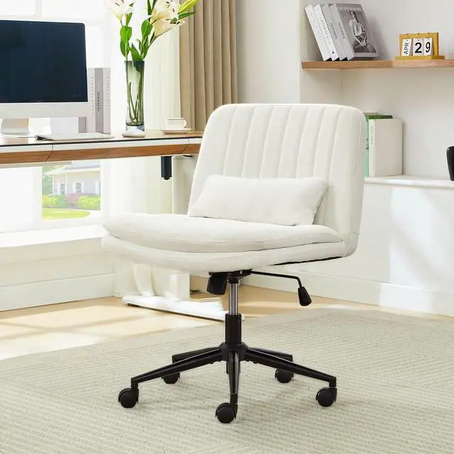 Main image of Criss Cross Chair with Wheels, Armless Comfy Thickened Cushion Wide Seat Cross Legged Office Chair with Pillow, Adjustable Swivel Mid Back Computer Task Vanity Home Office Desk Chair