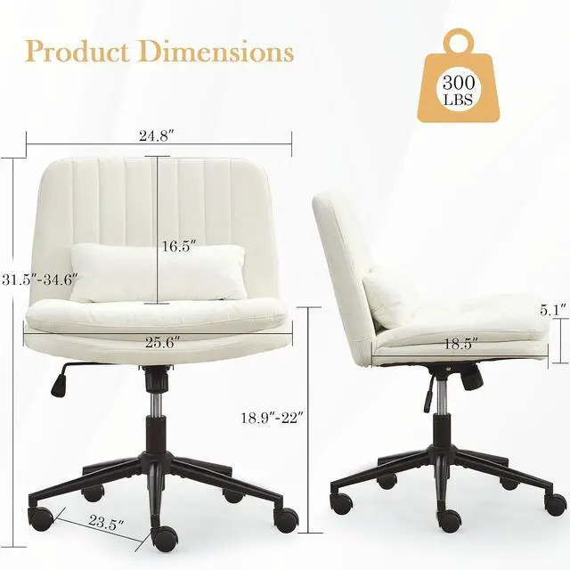 Alt view image 2 of 7 - Criss Cross Chair with Wheels, Armless Comfy Thickened Cushion Wide Seat Cross Legged Office Chair with Pillow, Adjustable Swivel Mid Back Computer Task Vanity Home Office Desk Chair