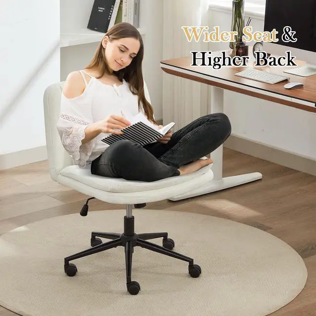 Alt view image 4 of 7 - Criss Cross Chair with Wheels, Armless Comfy Thickened Cushion Wide Seat Cross Legged Office Chair with Pillow, Adjustable Swivel Mid Back Computer Task Vanity Home Office Desk Chair