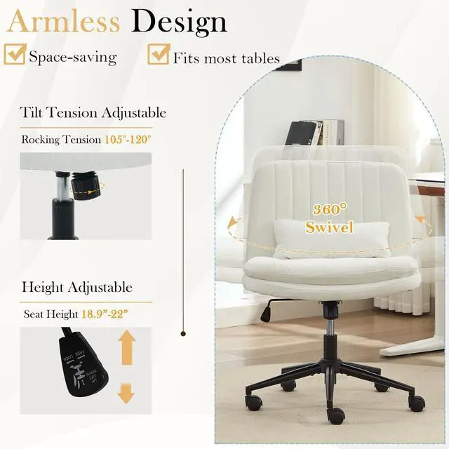 Alt view image 6 of 7 - Criss Cross Chair with Wheels, Armless Comfy Thickened Cushion Wide Seat Cross Legged Office Chair with Pillow, Adjustable Swivel Mid Back Computer Task Vanity Home Office Desk Chair
