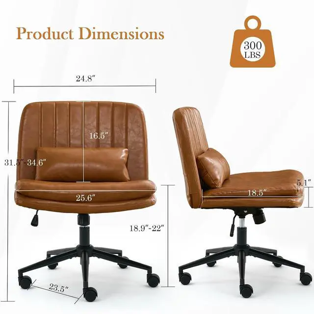 Alt view image 2 of 7 - Criss Cross Chair with Wheels, Armless Comfy Thickened Cushion Wide Seat Cross Legged Office Chair with Pillow, Adjustable Swivel Mid Back Computer Task Vanity Home Office Desk Chair (PU, Brown)