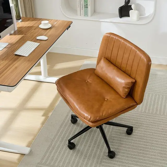 Alt view image 3 of 7 - Criss Cross Chair with Wheels, Armless Comfy Thickened Cushion Wide Seat Cross Legged Office Chair with Pillow, Adjustable Swivel Mid Back Computer Task Vanity Home Office Desk Chair (PU, Brown)