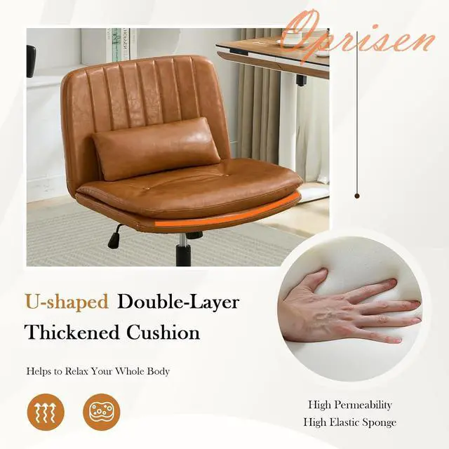 Alt view image 5 of 7 - Criss Cross Chair with Wheels, Armless Comfy Thickened Cushion Wide Seat Cross Legged Office Chair with Pillow, Adjustable Swivel Mid Back Computer Task Vanity Home Office Desk Chair (PU, Brown)