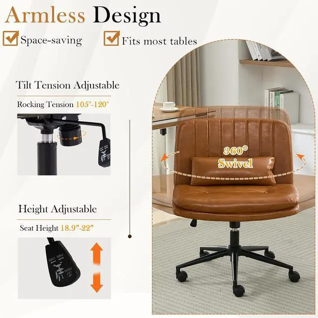 Alt view image 6 of 7 - Criss Cross Chair with Wheels, Armless Comfy Thickened Cushion Wide Seat Cross Legged Office Chair with Pillow, Adjustable Swivel Mid Back Computer Task Vanity Home Office Desk Chair (PU, Brown)