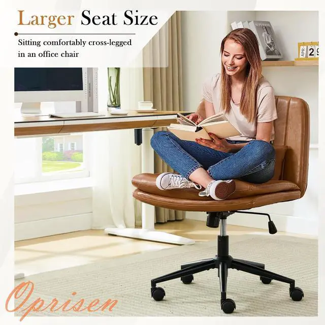 Alt view image 7 of 7 - Criss Cross Chair with Wheels, Armless Comfy Thickened Cushion Wide Seat Cross Legged Office Chair with Pillow, Adjustable Swivel Mid Back Computer Task Vanity Home Office Desk Chair (PU, Brown)