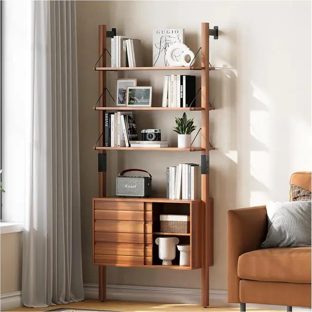 Main image of Ladder Bookshelf with Storage Cabinet, Mid Century Modern Wall Mounted Bookcase with Wood and Metal Frame, 6 Tier Open Display Shelves for Living Room, Bedroom, Home Office, Cherry