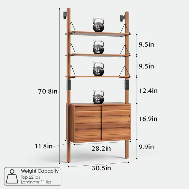 Alt view image 2 of 7 - Ladder Bookshelf with Storage Cabinet, Mid Century Modern Wall Mounted Bookcase with Wood and Metal Frame, 6 Tier Open Display Shelves for Living Room, Bedroom, Home Office, Cherry