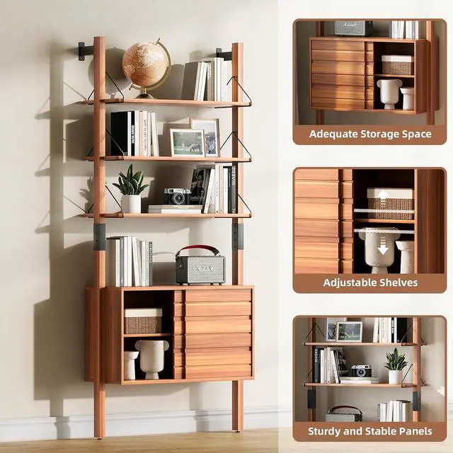 Alt view image 3 of 7 - Ladder Bookshelf with Storage Cabinet, Mid Century Modern Wall Mounted Bookcase with Wood and Metal Frame, 6 Tier Open Display Shelves for Living Room, Bedroom, Home Office, Cherry