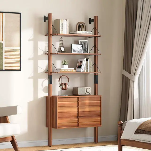 Alt view image 4 of 7 - Ladder Bookshelf with Storage Cabinet, Mid Century Modern Wall Mounted Bookcase with Wood and Metal Frame, 6 Tier Open Display Shelves for Living Room, Bedroom, Home Office, Cherry