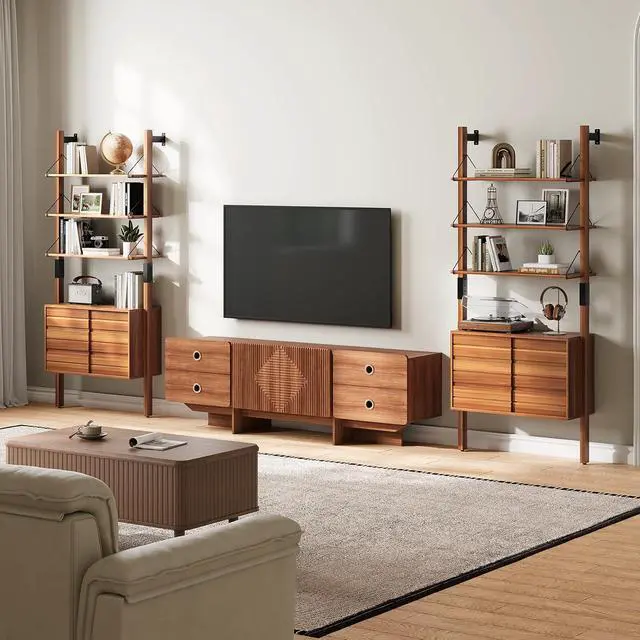 Alt view image 5 of 7 - Ladder Bookshelf with Storage Cabinet, Mid Century Modern Wall Mounted Bookcase with Wood and Metal Frame, 6 Tier Open Display Shelves for Living Room, Bedroom, Home Office, Cherry