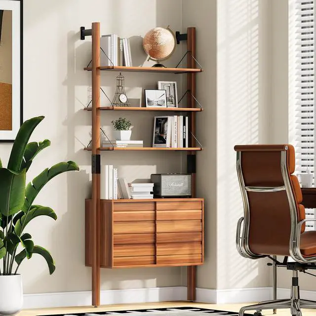 Alt view image 6 of 7 - Ladder Bookshelf with Storage Cabinet, Mid Century Modern Wall Mounted Bookcase with Wood and Metal Frame, 6 Tier Open Display Shelves for Living Room, Bedroom, Home Office, Cherry