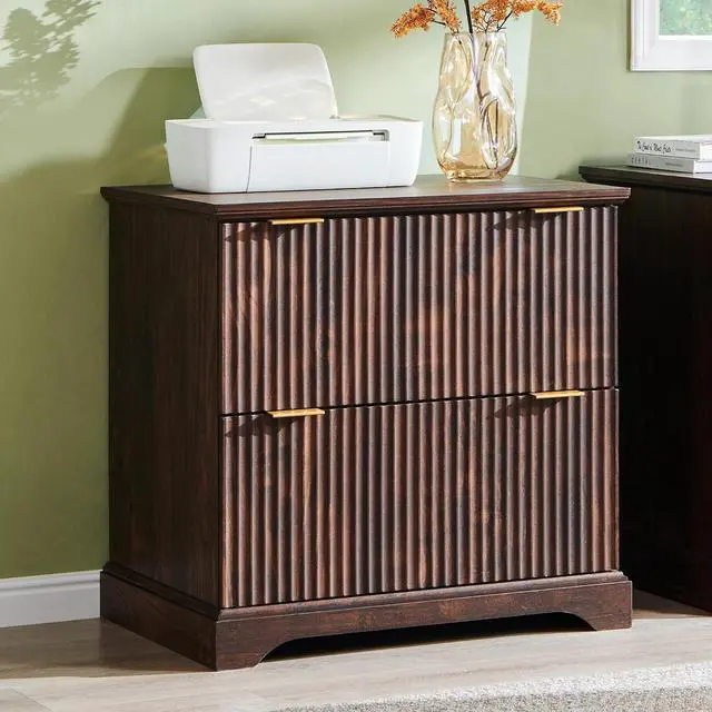 Main image of 30"File Cabinet w/Charging Station, w/Files Hanging Rod for Letter/Legal/A4 | 30" Fluted Lateral File Cabinet, Large Tabletop for Printer, Office Wood Printer Cabinets, Dark Walnut