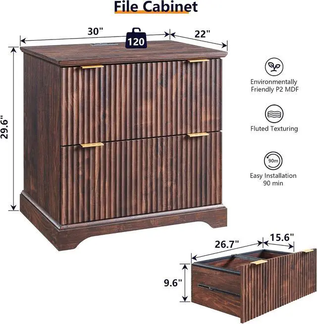 Alt view image 2 of 7 - 30"File Cabinet w/Charging Station, w/Files Hanging Rod for Letter/Legal/A4 | 30" Fluted Lateral File Cabinet, Large Tabletop for Printer, Office Wood Printer Cabinets, Dark Walnut