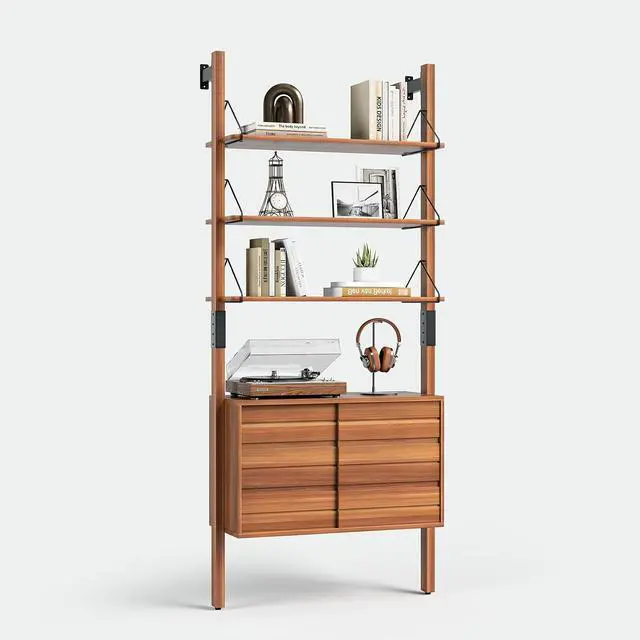 Alt view image 7 of 7 - Ladder Bookshelf with Storage Cabinet, Mid Century Modern Wall Mounted Bookcase with Wood and Metal Frame, 6 Tier Open Display Shelves for Living Room, Bedroom, Home Office, Cherry