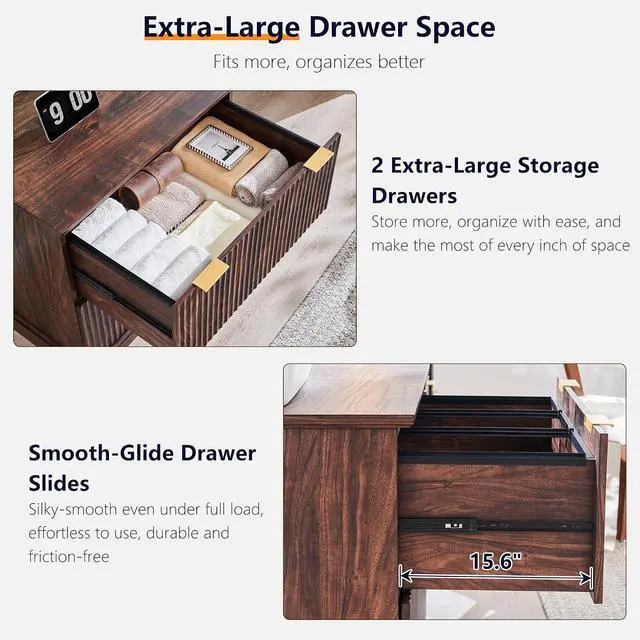 Alt view image 4 of 7 - 30"File Cabinet w/Charging Station, w/Files Hanging Rod for Letter/Legal/A4 | 30" Fluted Lateral File Cabinet, Large Tabletop for Printer, Office Wood Printer Cabinets, Dark Walnut
