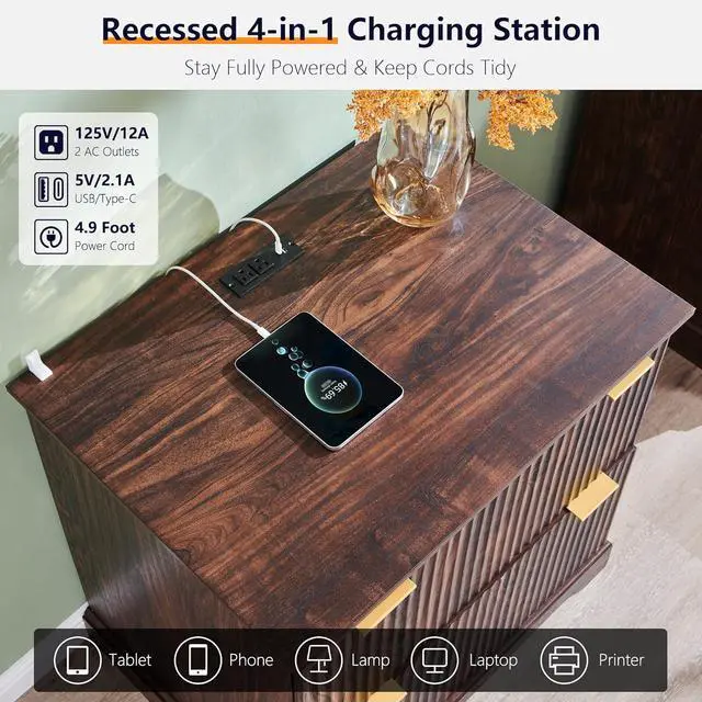 Alt view image 5 of 7 - 30"File Cabinet w/Charging Station, w/Files Hanging Rod for Letter/Legal/A4 | 30" Fluted Lateral File Cabinet, Large Tabletop for Printer, Office Wood Printer Cabinets, Dark Walnut