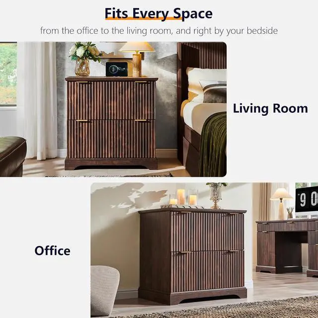 Alt view image 6 of 7 - 30"File Cabinet w/Charging Station, w/Files Hanging Rod for Letter/Legal/A4 | 30" Fluted Lateral File Cabinet, Large Tabletop for Printer, Office Wood Printer Cabinets, Dark Walnut