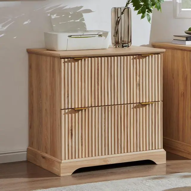Main image of 2 Drawer File Cabinet with Charging Station, 30" Fluted Lateral File Cabinet w/Files Hanging Rod for Letter/Legal/A4, Large Tabletop for Printer, Office Wood Printer Cabinets, Oak