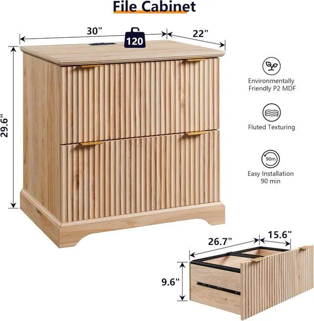 Alt view image 2 of 7 - 2 Drawer File Cabinet with Charging Station, 30" Fluted Lateral File Cabinet w/Files Hanging Rod for Letter/Legal/A4, Large Tabletop for Printer, Office Wood Printer Cabinets, Oak