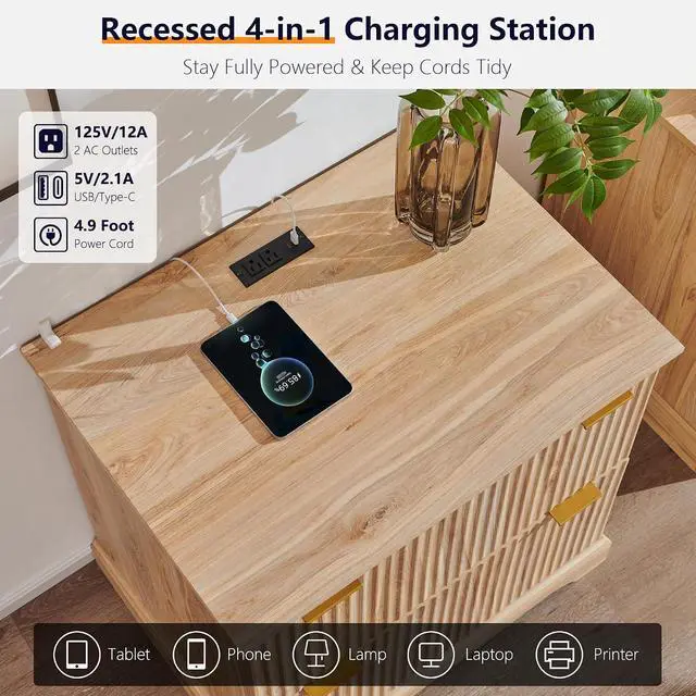 Alt view image 5 of 7 - 2 Drawer File Cabinet with Charging Station, 30" Fluted Lateral File Cabinet w/Files Hanging Rod for Letter/Legal/A4, Large Tabletop for Printer, Office Wood Printer Cabinets, Oak
