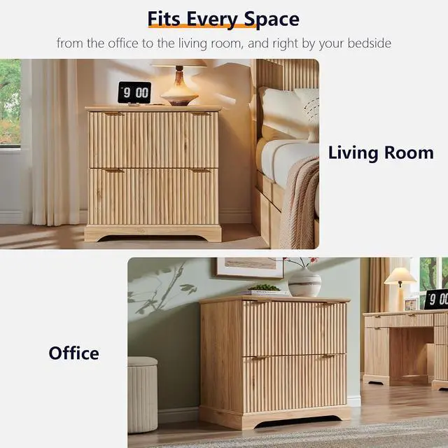 Alt view image 6 of 7 - 2 Drawer File Cabinet with Charging Station, 30" Fluted Lateral File Cabinet w/Files Hanging Rod for Letter/Legal/A4, Large Tabletop for Printer, Office Wood Printer Cabinets, Oak