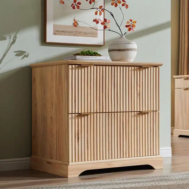 Alt view image 7 of 7 - 2 Drawer File Cabinet with Charging Station, 30" Fluted Lateral File Cabinet w/Files Hanging Rod for Letter/Legal/A4, Large Tabletop for Printer, Office Wood Printer Cabinets, Oak
