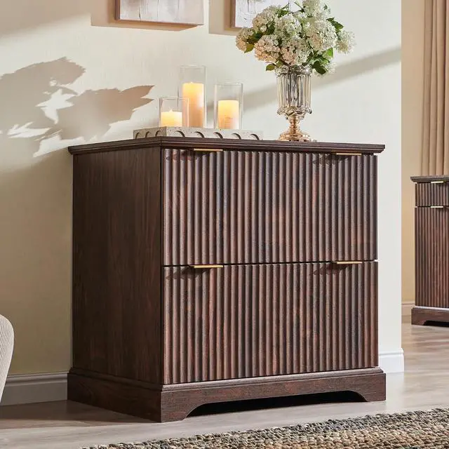 Alt view image 7 of 7 - 30"File Cabinet w/Charging Station, w/Files Hanging Rod for Letter/Legal/A4 | 30" Fluted Lateral File Cabinet, Large Tabletop for Printer, Office Wood Printer Cabinets, Dark Walnut